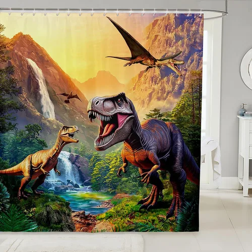 Erosebridal Cortina de Ducha de Dinosaurio de Dibujos Animados 3D para Niños Varones Adultos Baño Selva Dino Tela Cortina de Baño 72" An x 72 L