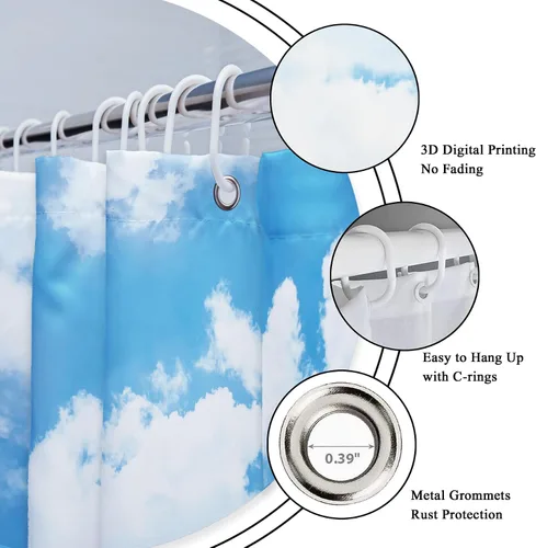 Miniatura 6 de Riyidecor Cortina de ducha con diseño de nube blanca y cielo azul, paisaje natural, tela impermeable de 72 x 72 pulgadas, decoración de bañera