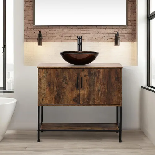 Miniatura 46 de UEV Tocador de Baño de Roble Rústico de 24" con Lavabo, Conjunto de Gabinete de Baño con Marco de Hierro Industrial con Puertas y Estante, con Combo