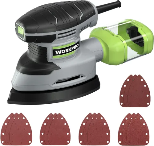 WORKPRO Lijadora de detalles, lijadora eléctrica compacta de 13,000 OPM con colector de polvo, lijadora eléctrica de 1.6 amperios con 15 piezas de