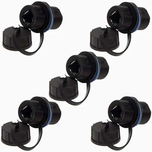 5 unids Panel de montaje blindado RJ45 impermeable Cat5/5e/6 8P8C conector Ethernet LAN Cable adaptador de doble cabeza con impermeable/tapa