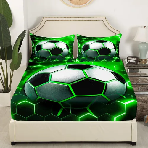Miniatura 2 de Erosebridal Sábana bajera ajustable con estampado de fútbol, tamaño individual, para niños y niñas, juego de ropa de cama de juegos de pelota, funda
