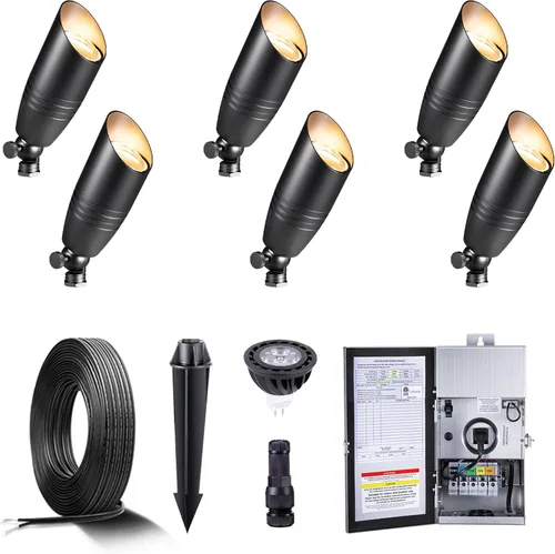Miniatura 14 de Gardenreet Focos de paisaje de bajo voltaje - Luz superior LED de latón 12V para exterior, luces focales cableadas IP65 impermeables, enfoque