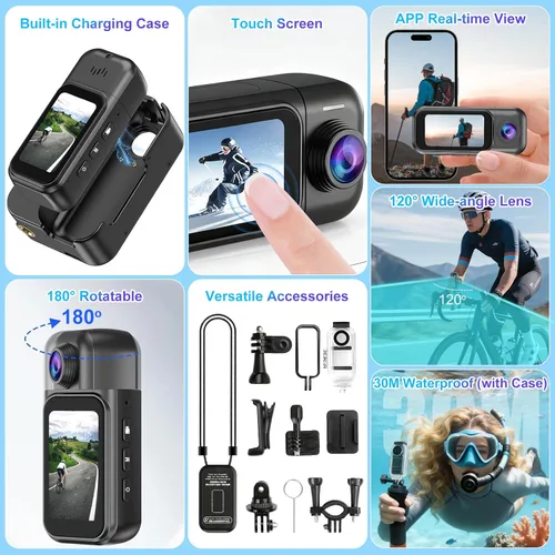 Miniatura 8 de OBEST Mini cámara corporal de 128 GB, cámara de acción de tamaño pulgar 1080P con pantalla táctil LCD de 1.5 pulgadas y estuche de carga, grabación