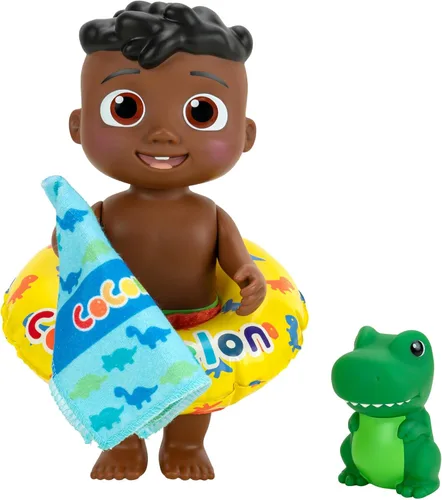 CoComelon - Muñeca Splish Splash Cody con Pistola de Agua Dino y Accesorios de Agua - Juego Acuático - Juguetes para Niños y Preescolares -