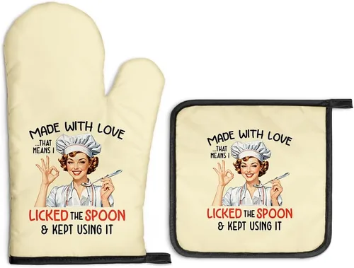 Miniatura 11 de Always Use Protection - Juego de guantes de horno y soportes para ollas, divertidos guantes de cocina retro para panaderos, regalos de inauguración