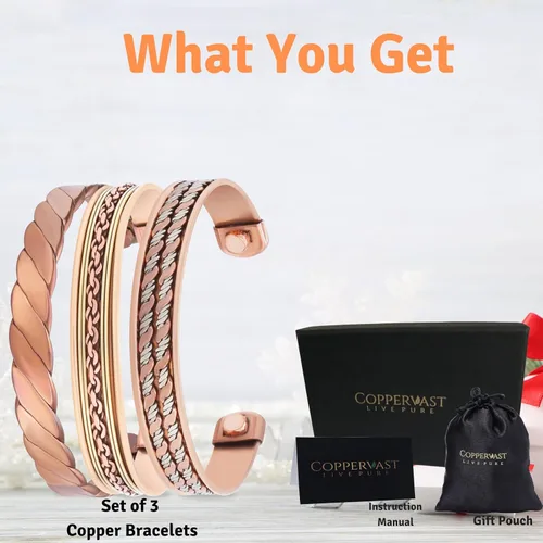 Miniatura 46 de Pulseras de cobre para hombres y mujeres Juego de 3 con caja de regalo Hecho a mano 100% cobre Regalo para mujeres y hombres
