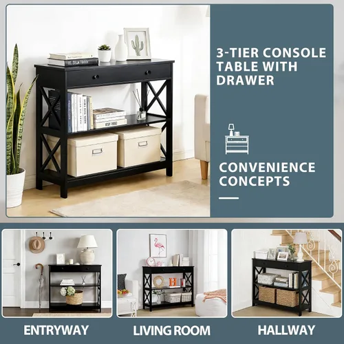 Miniatura 4 de SUPER DEAL Mesa consola estrecha de 39.5 pulgadas, mesa de entrada de 3 niveles, mesa auxiliar con cajón y estantes de almacenamiento para pasillo
