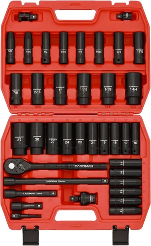 CASOMAN Juego de llaves de impacto Drive Master de 1/2 pulgada, 38 piezas de profundidad, estándar SAE (3/8" a 1-1/4") y métrico (0.394-1.260 in),