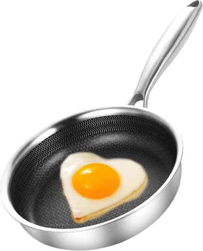 DELARLO Sartenes para tortilla de acero inoxidable de tres capas de 5.5 pulgadas, sartén antiadherente de cerámica para un solo huevo, sartén