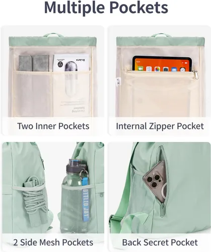 Miniatura 6 de WANDF Mochila con cordón para mujer, bolsa de gimnasio con correa para esterilla de yoga, resistente al agua, con bolsillo de malla, Verde