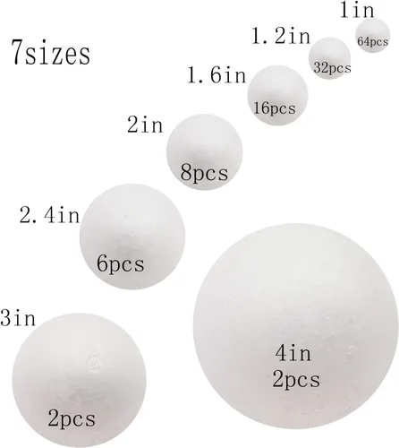 Miniatura 3 de Paquete de 129 bolas de espuma para manualidades, 7 tamaños incluyendo de 1 a 4 pulgadas, bolas redondas lisas de poliestireno blanco, bolas