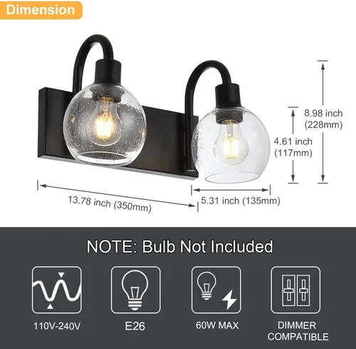 Miniatura 4 de Luz de tocador de baño con vidrio esmerilado en forma de globo de 2 luces, aplique de pared industrial negro para vestíbulo o pasillo