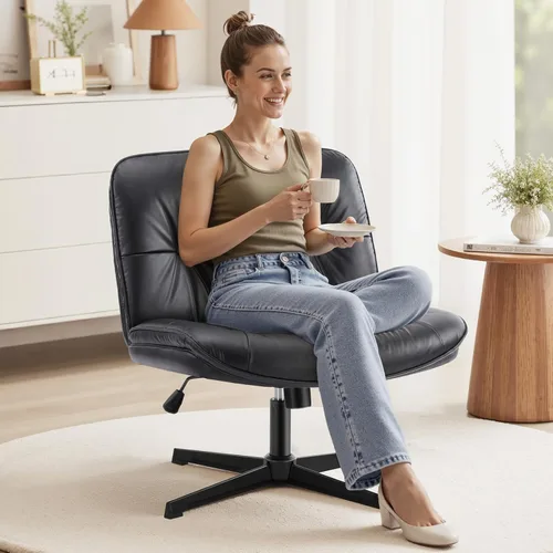 Miniatura 12 de OLIXIS Silla Criss Cross con Ruedas Sin Brazos Ancha de Patas Cruzadas Silla de Escritorio de Oficina de Tocador con Cómoda Piel Sintética PU