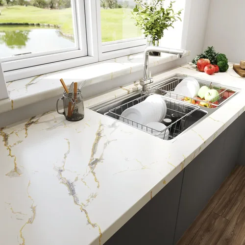Miniatura 5 de LACHEERY Papel tapiz grueso de mármol blanco para despegar y pegar, papel tapiz blanco y dorado para cocina, papel de pared para encimera, papel