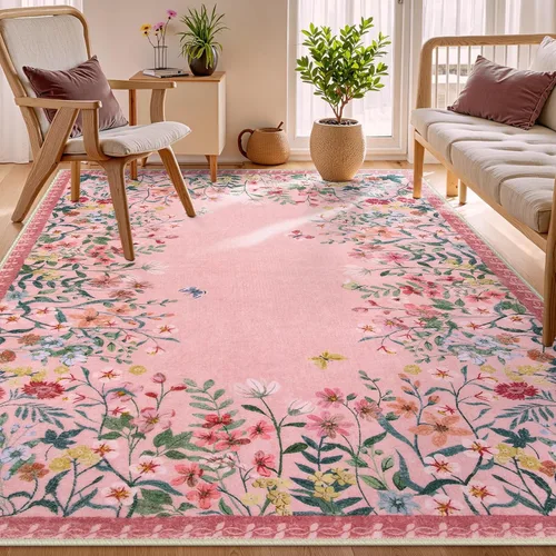 Miniatura 16 de Wonnitar Alfombra de área lavable de 2 x 3, alfombra de entrada floral verde, alfombra bohemia pequeña antideslizante para baño, alfombra suave
