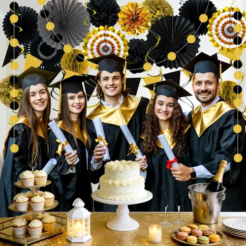 Miniatura 5 de 24 decoraciones de fiesta negras y doradas, abanicos de papel, guirnaldas de pompones de panal, suministros colgantes reutilizables para graduación