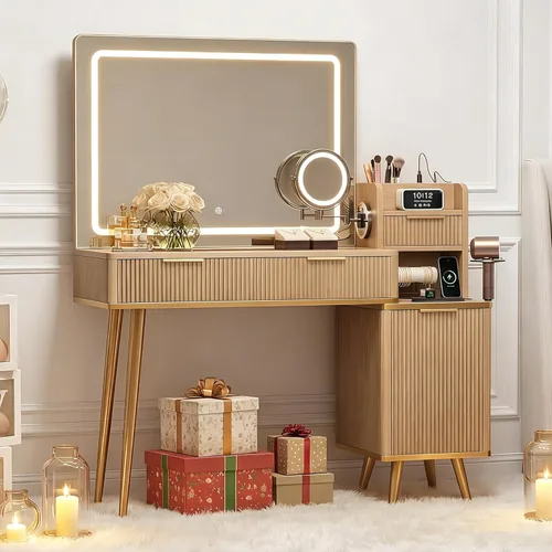 Miniatura 10 de iPormis Escritorio de tocador de maquillaje con espejo de aumento HD y 5X y luces, tocador de maquillaje de 47 pulgadas, tocador superior de vidrio