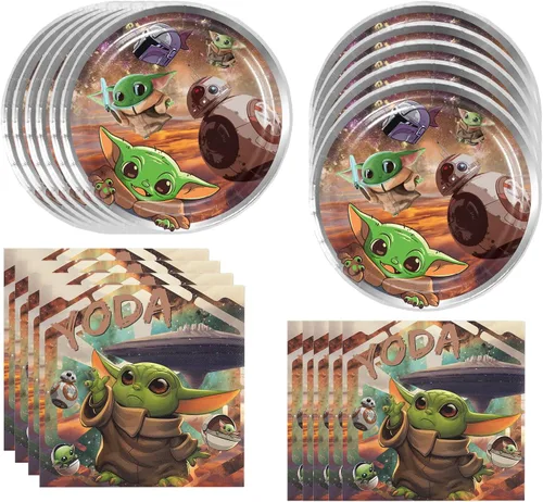 El paquete de 40 suministros para fiestas de Baby Yoda incluye 20 platos, 20 servilletas para decoración de fiesta de Baby Yoda