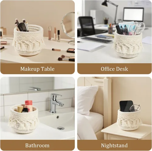 Miniatura 6 de HEAVYWOOD Organizador de brochas de maquillaje de macramé de 3.9 x 3.9 pulgadas, mini contenedores de maquillaje, bohemios, pequeños, redondos