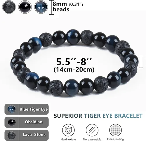 Miniatura 30 de SAMXY Triple Protection Bracelet, 8mm Healing Crystal Bead Bracelet, 3pcs Blue Red Tiger's Eye Obsidian Hematite Bracelet Women Men