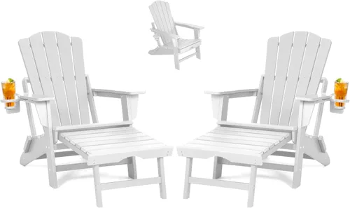 Miniatura 9 de LETKIND Folding Adirondack Chair with Retractable Ottoman,All Weather Fire Pit Chairs with Cup Holder,Outdoor Chair with Ottoman,White