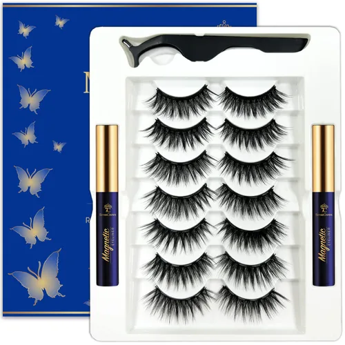 Pestañas magnéticas de aspecto natural, 7 pares reutilizables de pestañas de gatitos de volumen completo con 2 tubos de delineador de ojos magnético