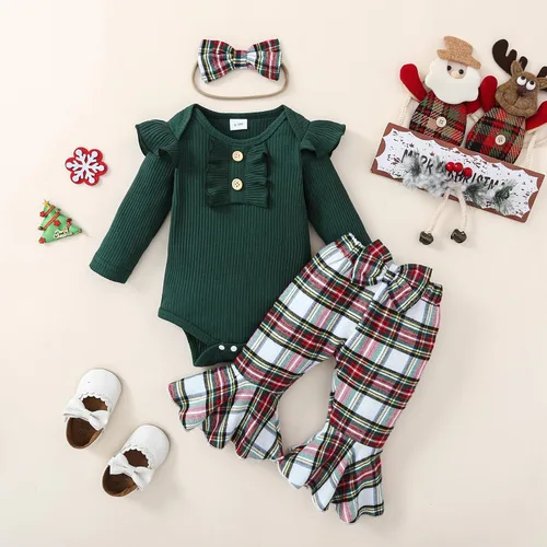 Miniatura 45 de Kuriozud Conjunto de mameluco con volantes para bebé recién nacida, con volantes, lindo conjunto de pantalones acampanados con diadema