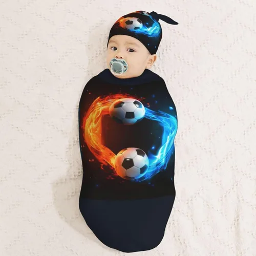 Miniatura 3 de Manta para envolver con pelota de fútbol para recién nacido, con juego de gorro, saco de dormir suave para bebé, elástico y ajustable, mantas