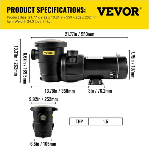 Miniatura 8 de VEVOR Bomba de piscina, 1.5 HP 115 V, 1100 W Bombas de velocidad única para piscina sobre el suelo con cesta de colador, 5280 GPH Max. Caudal