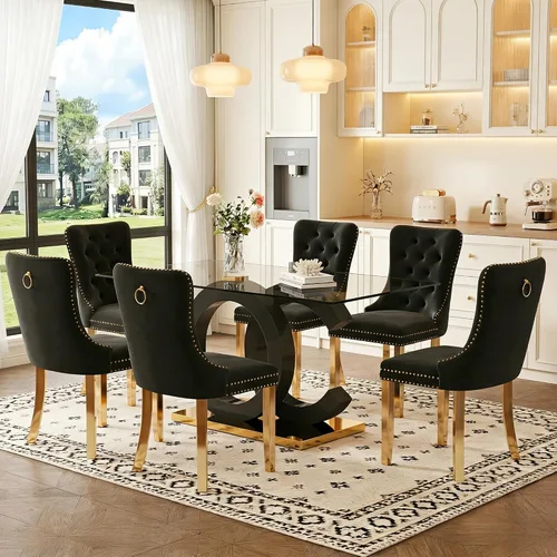 Miniatura 30 de Juego de mesa de comedor de cristal de 63 pulgadas para 6, juego de mesa de comedor moderno para 6, mesa de vidrio templado con patas negras
