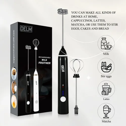 Miniatura 3 de Delm Espumador de leche eléctrico USB de acero inoxidable, espumador para lattes, espumador de leche de mano para capuchino, frappé, matcha, Negro