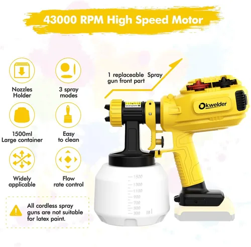 Miniatura 2 de Pulverizador de pintura inalámbrico, pistola de pintura eléctrica con recipiente de 50.7 fl oz, pistola de pintura con 2 cabezales de pulverización