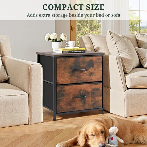 Miniatura 5 de Mesita de noche, cómoda pequeña de 2 cajones mesa auxiliar muebles de cabecera, contenedores de tela con superficie de madera para dormitorio, Marrón