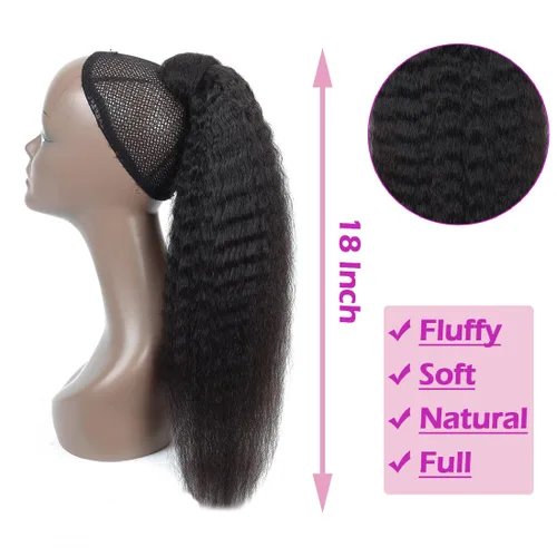 Miniatura 4 de Extensión de Cola de Caballo de Cabello Humano Kinky Recto con Pasta Mágica Envolvente de 30,48 cm, Cabello Natural Negro Brasileño, Extensiones