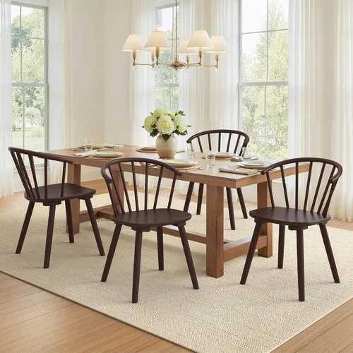 Miniatura 16 de LUE BONA Juego de 4 Sillas de Comedor Negras, Sillas de Comedor de Madera Estilo Granja con Respaldo Semicircular, Silla de Comedor de Husillo