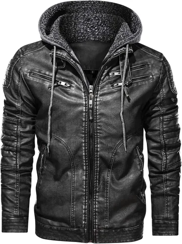 Miniatura 2 de MANSDOUR Chaqueta de piel sintética para hombre, color negro cálido, chaqueta bomber para motocicleta con capucha extraíble