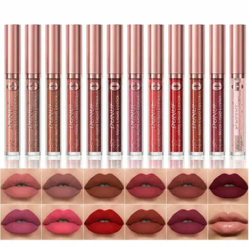 Miniatura 11 de Juego de 12 lápices labiales mate de maquillaje, desnudos clásicos y rojos atrevidos, taza antiadherente, no se decolora, lápiz labial líquido