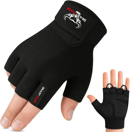Miniatura 14 de BEAST RAGE Guantes de entrenamiento para hombres, guantes de gimnasio duraderos con agarre de palma para mujeres, medio dedo, elástico