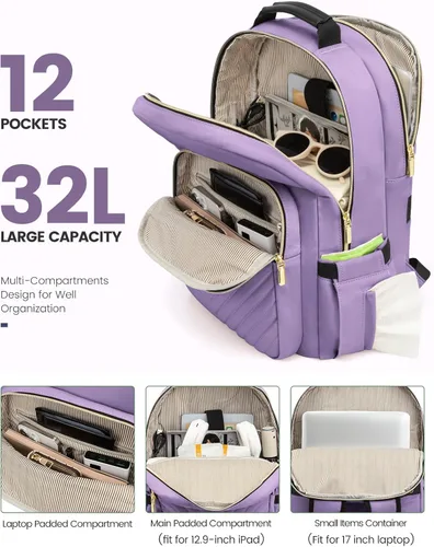 Miniatura 2 de LOVEVOOK Mochila Bolso de Viaje para Laptop para Mujeres Bolsas de Computadora para Trabajo y Negocios, Púrpura, 17 pulg., Mochilas de viaje