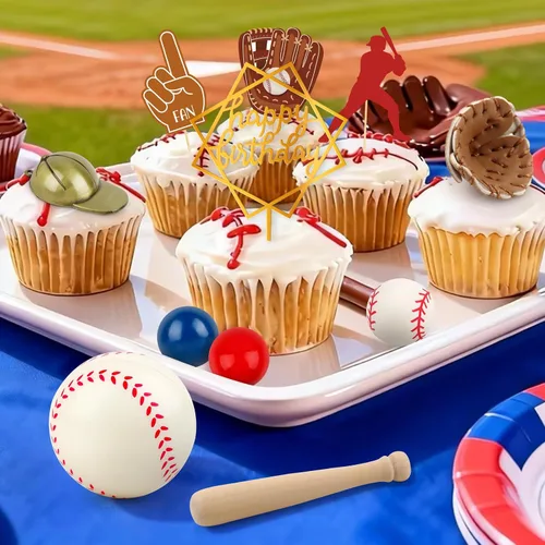 Miniatura 6 de Hooqict Juego de 26 decoraciones de pastel de béisbol con mini bolas, jugador, gorras, guantes, murciélagos, adornos de pastel de cumpleaños