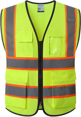 Chaleco de seguridad de malla reflectante para hombres y mujeres, con 5 bolsillos y cremallera frontal, chaleco de malla de alta visibilidad Hi Vis,
