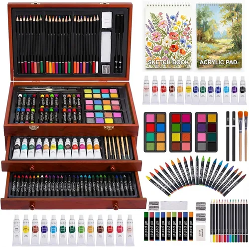 Miniatura 9 de Juego de 175 piezas de arte de madera de lujo con 2 almohadillas de dibujo, pinturas acrílicas, lápices de colores, lápices de colores, pincel, kit