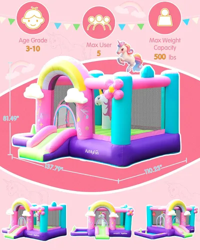Miniatura 4 de Casa inflable de unicornio con tobogán, casa inflable rosa con soplador de aire, divertido castillo animoso para niñas de 3 a 10 años, ideal