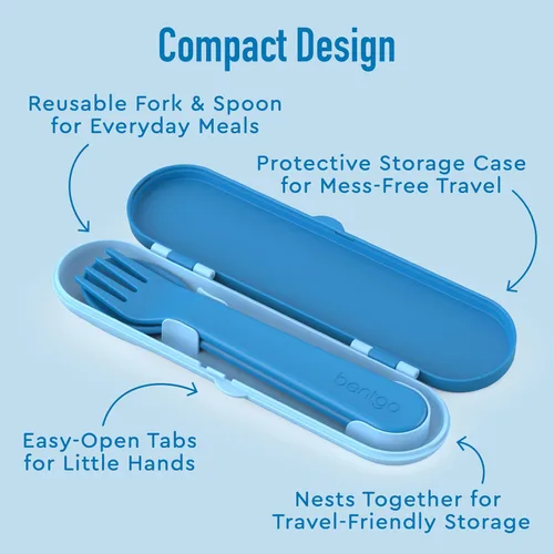 Miniatura 4 de Bentgo Juego de utensilios para niños, tenedor, cuchara y estuche de almacenamiento de plástico reutilizable, materiales sin BPA, asas de fácil