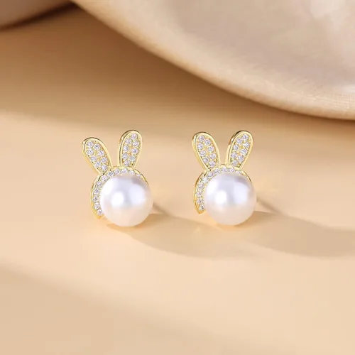 Miniatura 5 de SLUYNZ Aretes de plata de ley con diseño de conejo para mujer, con perlas de circonita cúbica, aretes de conejo, aretes de Pascua