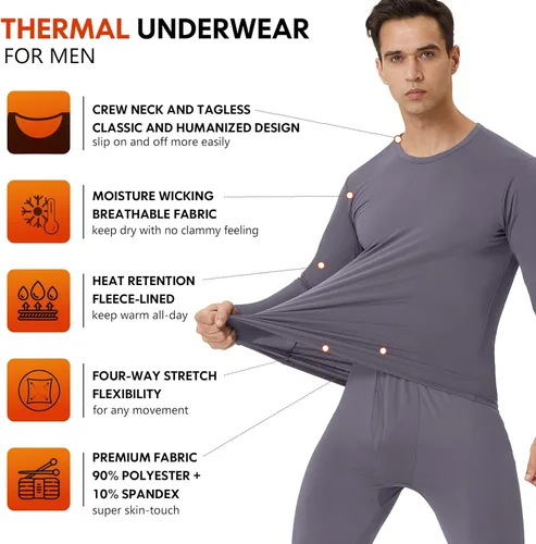 Miniatura 2 de Thermal Underwear for Men - 2 Pack Sets Ultra Soft Long Johns - Warm Base Layers with Fleece Lined for Cold Weather