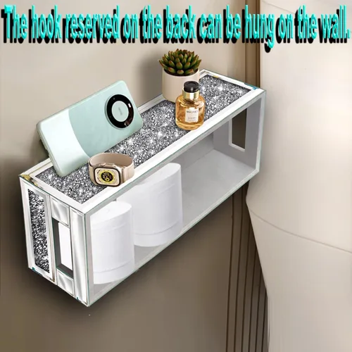Miniatura 3 de Wocred Cesta de baño para inodoro, bandeja de baño con espejo de diamante triturado montado en la pared, organizador de almacenamiento plateado que