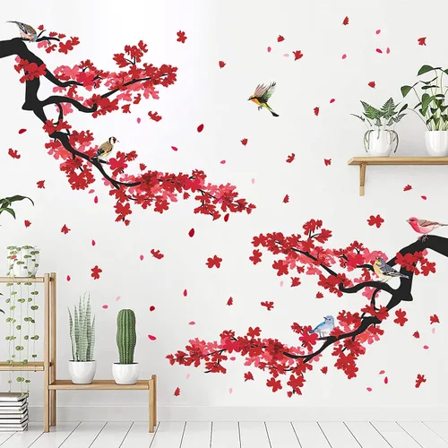 Miniatura 5 de Adhesivo decorativo para pared de ramas de ciruelo rojo 3D, diseño creativo, pájaros, estilo pastoral, extraíble, despegar y pegar, para niños