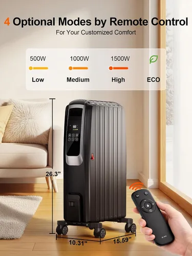 Miniatura 3 de Uthfy Calentador de radiador lleno de aceite, calentador radiante eléctrico con control remoto, termostato, 4 modos, temporizador de 24 horas